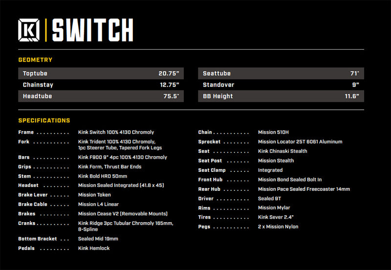 KINK 2023年 SWITCH 20.75" / グロスグラビティグレイ【フルクロモリ・フリコ・ペグ2本付属】